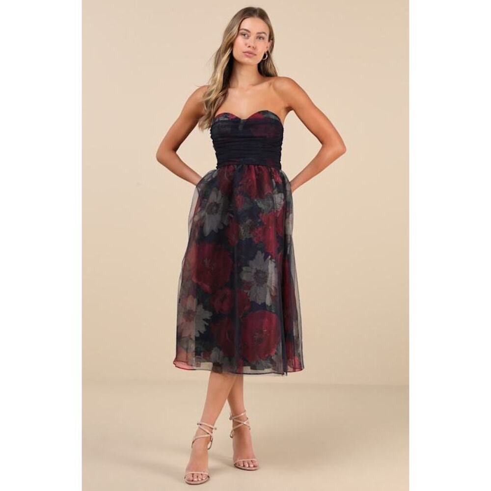 Lulus Splendidly Yours Navy Floral Organza Mesh Strapless Midi Dress Blue